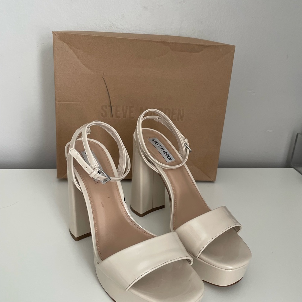 Steve Madden Cream Patent Block Heel Sandals with Ankle Strap - Picture 6 of 9